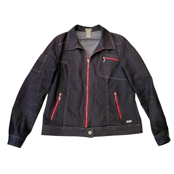 Stylish Women's Denim Jacket with Red Zippers - Picture 1 of 11